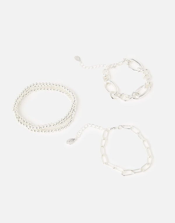 Chain and Stretch Beaded Bracelets 5 Pack Silver