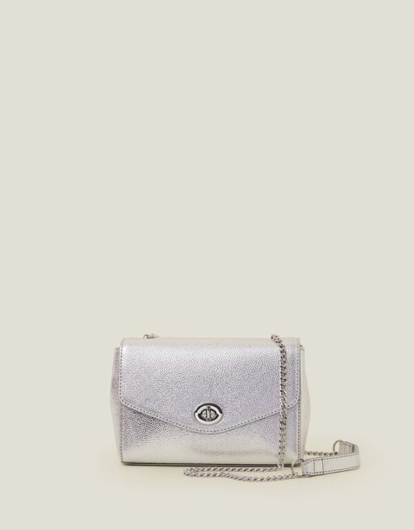 Leather Chain Twist Lock Bag Silver