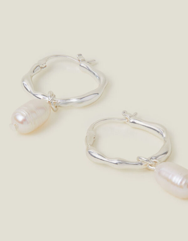 Sterling Silver-Plated Molten Pearl Drop Hoops